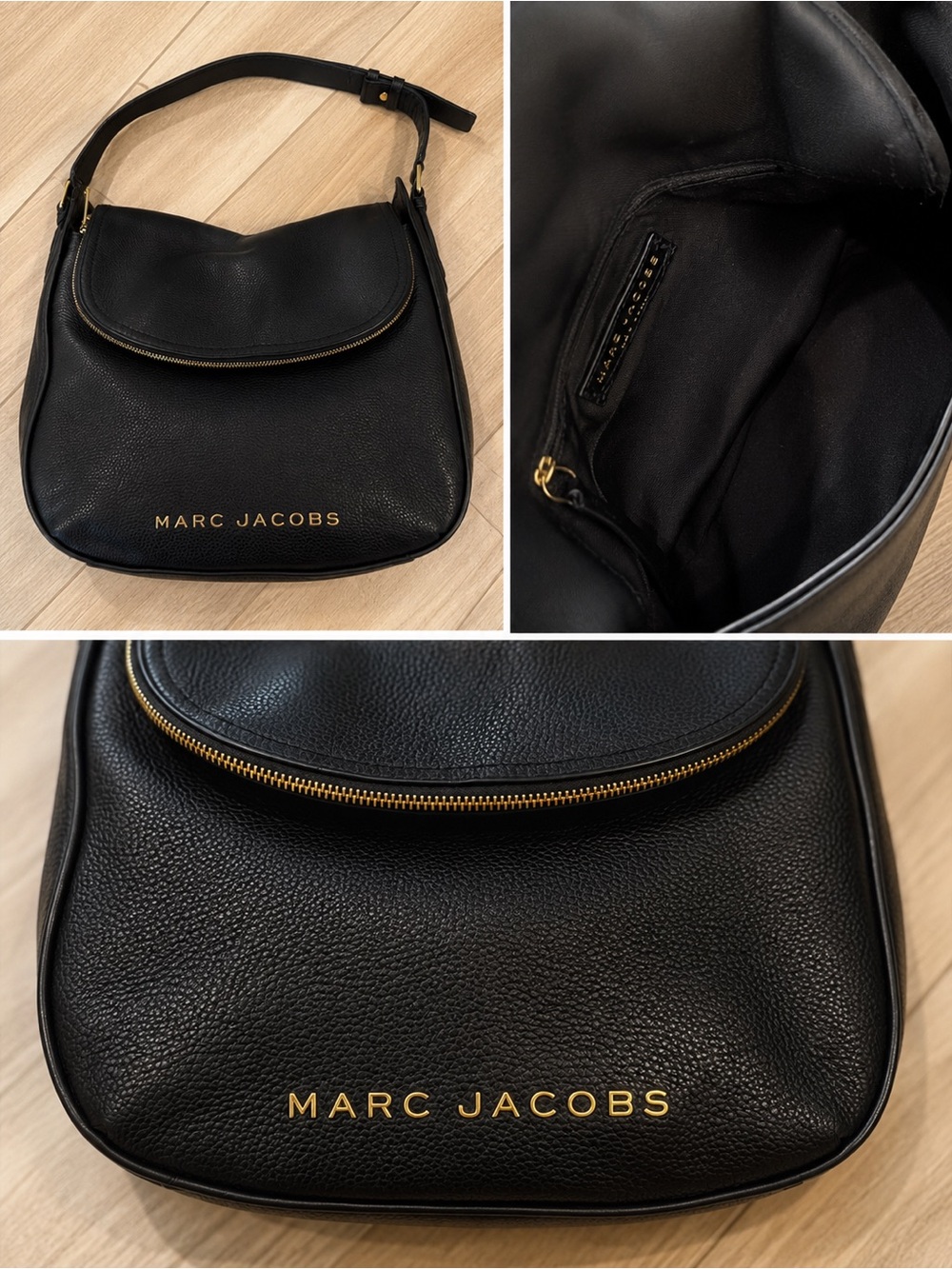 Marc Jacobs Black Pebbled Leather Shoulder Bag with Gold Hardware